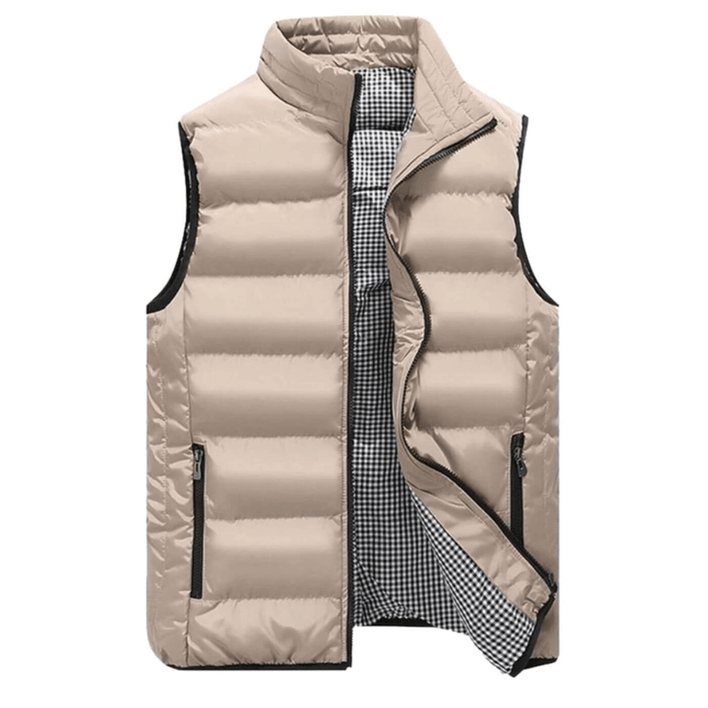 Men's quilted sleeveless vest with a modern cut, featuring a front zipper and side pockets. The vest is displayed on a neutral background, showcasing 4