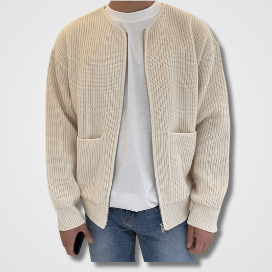 Men's long cardigan with long sleeves and a zip closure, featuring a relaxed fit and a stylish design. 1