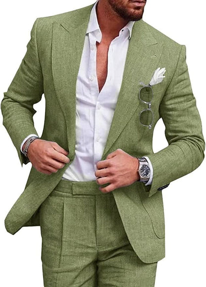 Men's two-piece wedding suit featuring a single-breasted jacket with open lapels and tailored trousers. 10