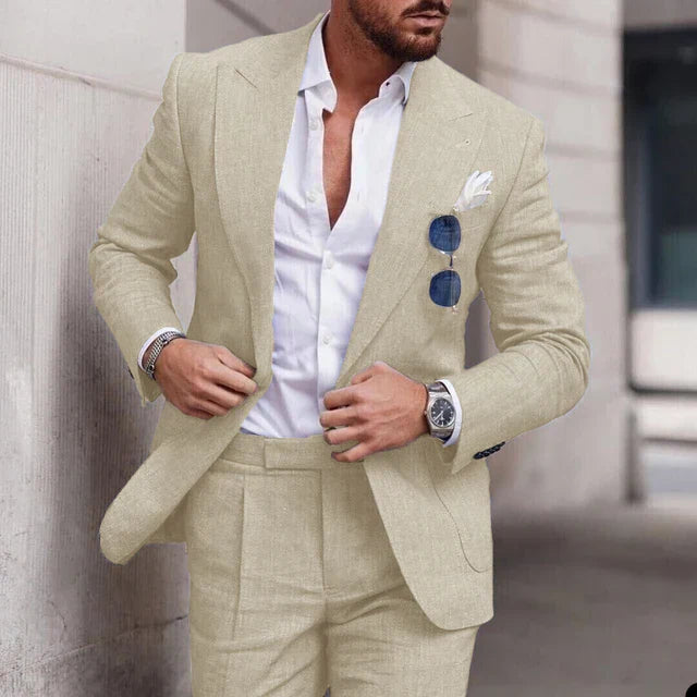 Men's two-piece wedding suit featuring a single-breasted jacket with open lapels and tailored trousers. 5