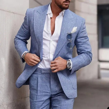 Men's two-piece wedding suit featuring a single-breasted jacket with open lapels and tailored trousers. 6