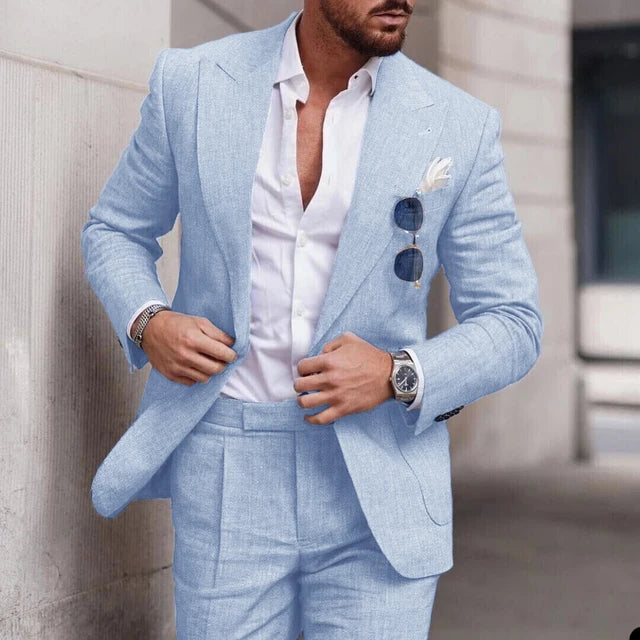 Men's two-piece wedding suit featuring a single-breasted jacket with open lapels and tailored trousers. 7
