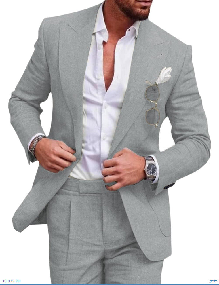 Men's two-piece wedding suit featuring a single-breasted jacket with open lapels and tailored trousers. 8