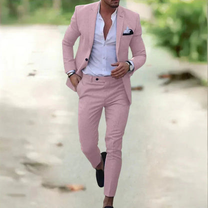 Men's classic black wedding suit with a tailored fit, featuring a jacket with notched lapels and matching trousers. 6