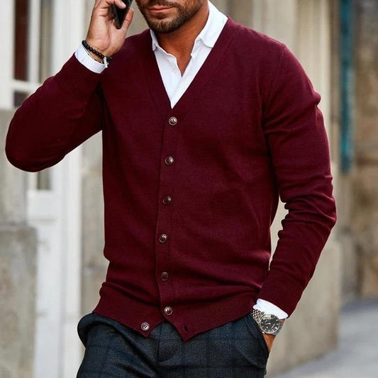 Men's casual cardigan featuring a V-neck design and buttons. 0