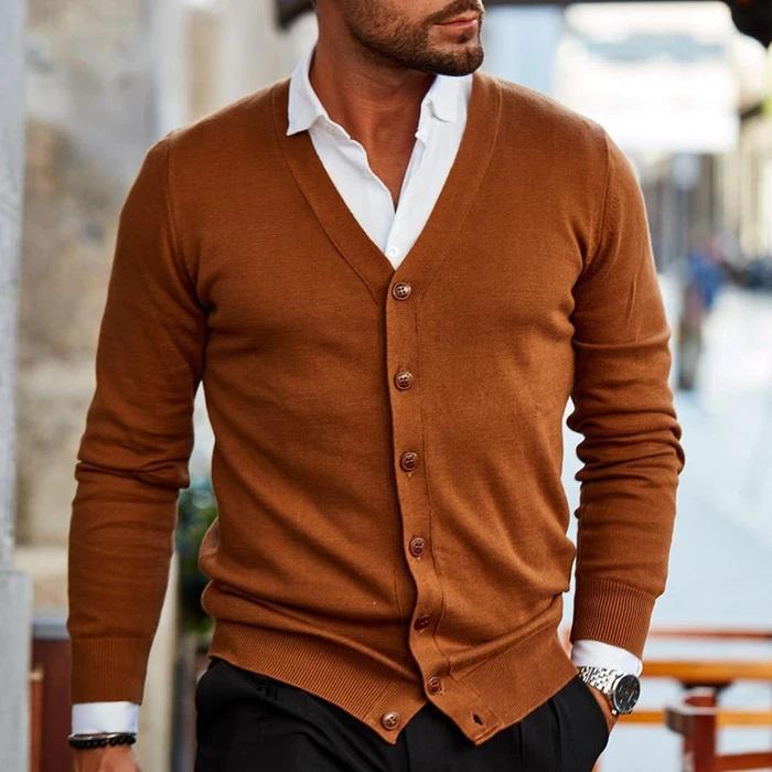 Men's casual cardigan featuring a V-neck design and buttons. 1