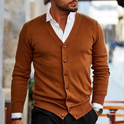 Men's casual cardigan featuring a V-neck design and buttons. 1