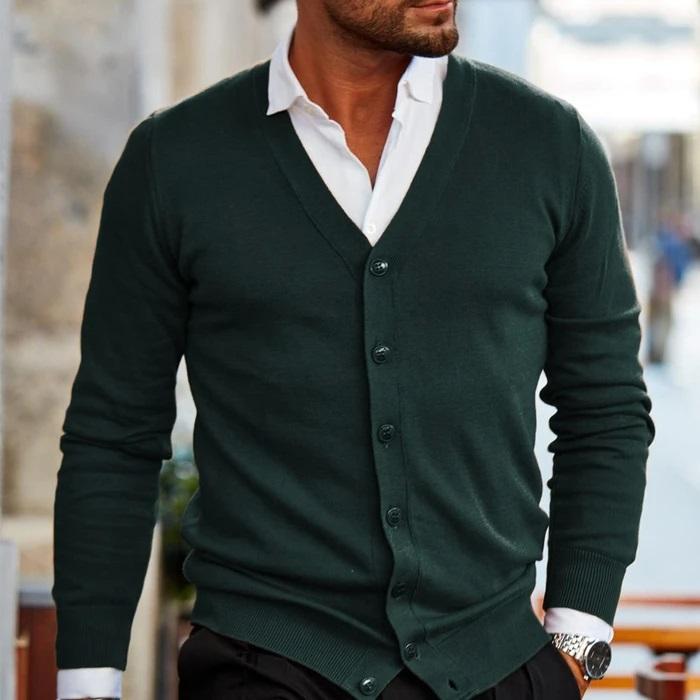 Men's casual cardigan featuring a V-neck design and buttons. 2