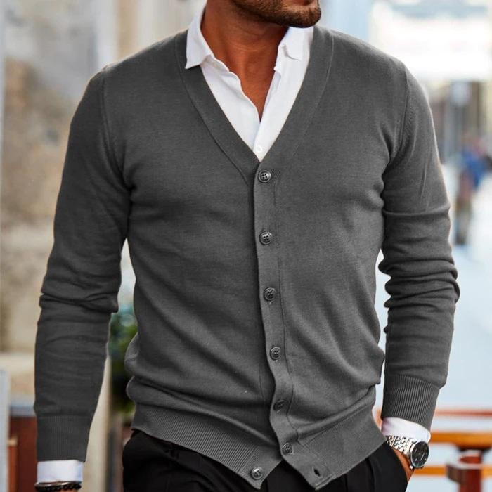 Men's casual cardigan featuring a V-neck design and buttons. 4