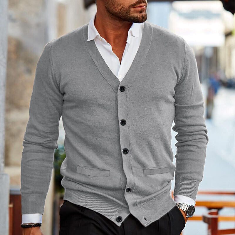 Men's casual cardigan featuring a V-neck design and buttons. 5