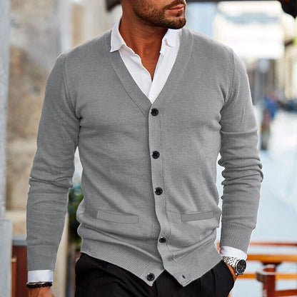 Men's casual cardigan featuring a V-neck design and buttons. 5