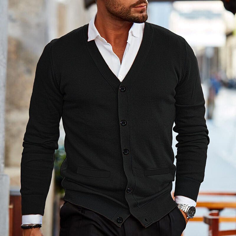 Men's casual cardigan featuring a V-neck design and buttons. 6