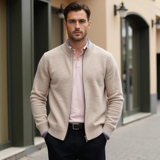 Men's classic cardigan with a zip closure in a regular fit, displayed on a hanger against a neutral background. 0