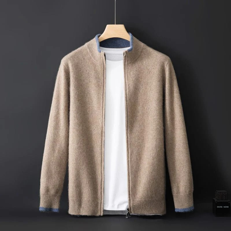 Men's classic cardigan with a zip closure in a regular fit, displayed on a hanger against a neutral background. 1