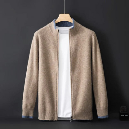 Men's classic cardigan with a zip closure in a regular fit, displayed on a hanger against a neutral background. 1