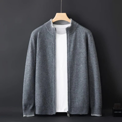 Men's classic cardigan with a zip closure in a regular fit, displayed on a hanger against a neutral background. 3