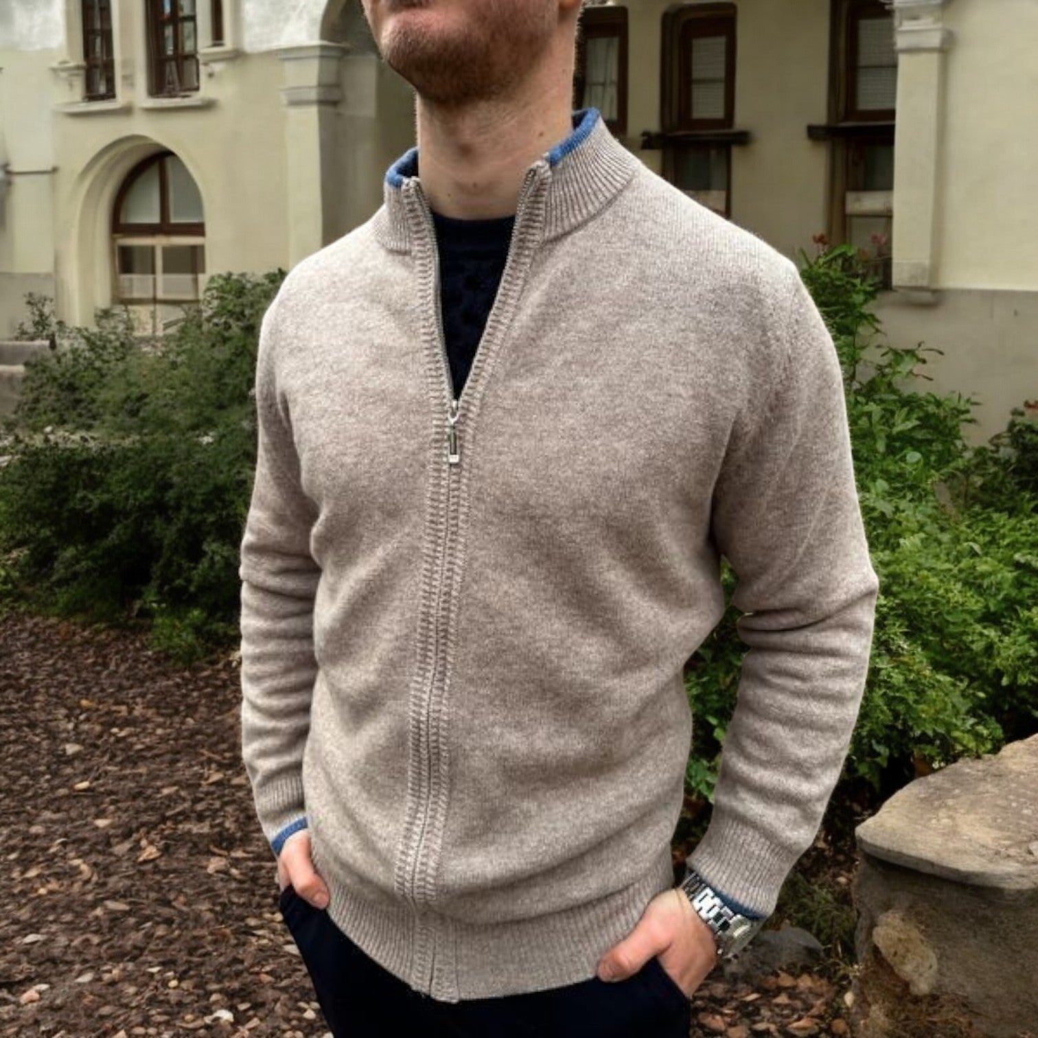 Men's classic cardigan with a zip closure in a regular fit, displayed on a hanger against a neutral background. 5