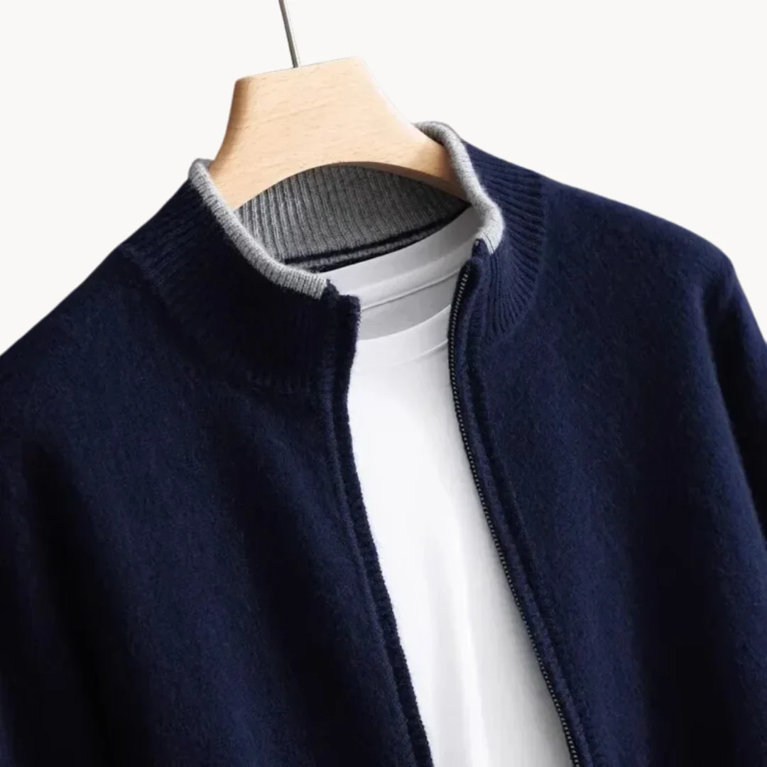 Men's classic cardigan with a zip closure in a regular fit, displayed on a hanger against a neutral background. 9