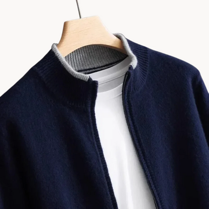 Men's classic cardigan with a zip closure in a regular fit, displayed on a hanger against a neutral background. 9