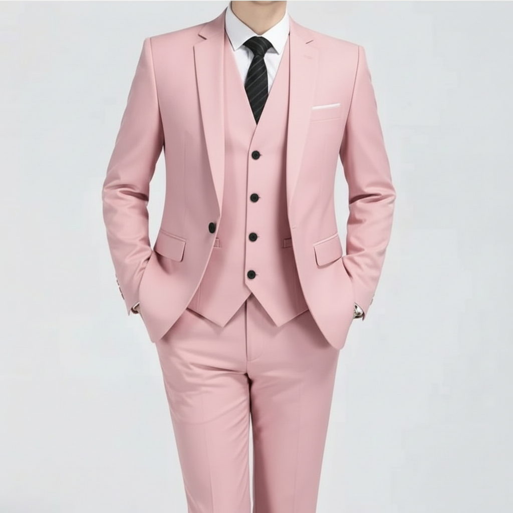 Men's classic three-piece suit displayed on a hanger, featuring a tailored jacket, matching vest, and trousers, arranged neatly for a spring presentation. 1