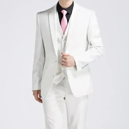 Men's classic three-piece suit displayed on a hanger, featuring a tailored jacket, matching vest, and trousers, arranged neatly for a spring presentation. 5