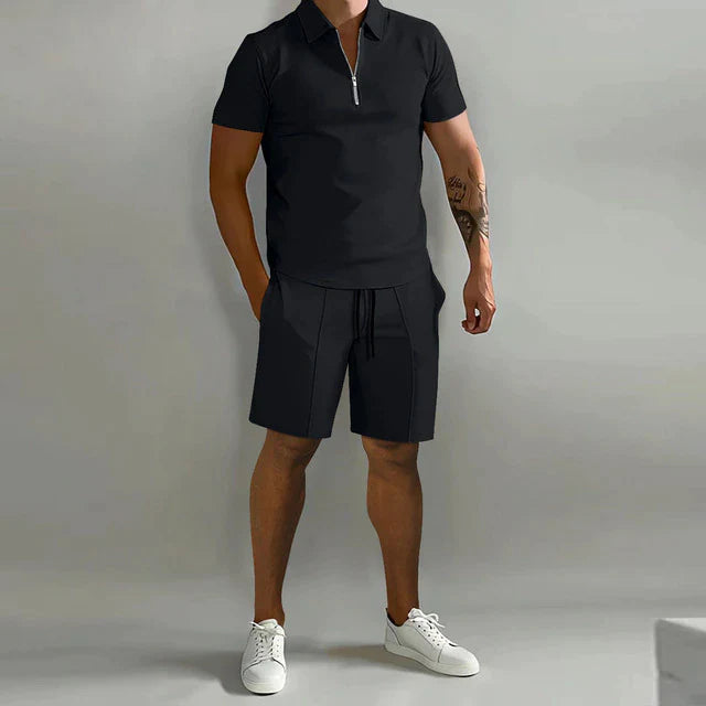 Men's summer polo and shorts set featuring a polished design, displayed on a neutral background. The polo shirt has a classic collar and button placket, 0