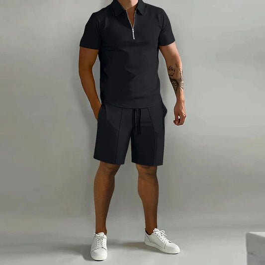 Men's summer polo and shorts set featuring a polished design, displayed on a neutral background. The polo shirt has a classic collar and button placket, 0