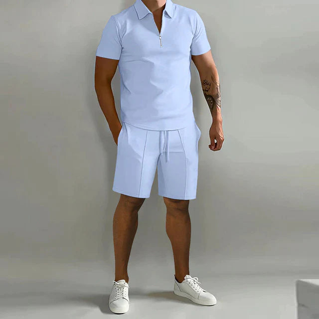 Men's summer polo and shorts set featuring a polished design, displayed on a neutral background. The polo shirt has a classic collar and button placket, 2