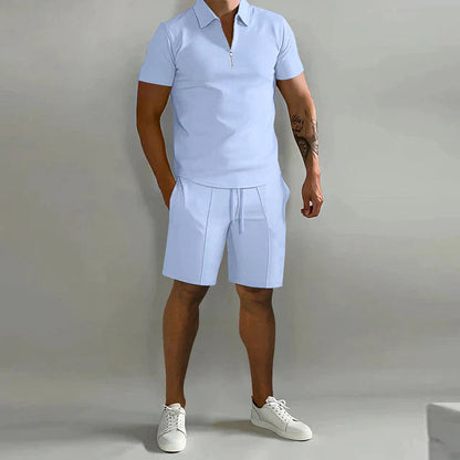 Men's summer polo and shorts set featuring a polished design, displayed on a neutral background. The polo shirt has a classic collar and button placket, 2