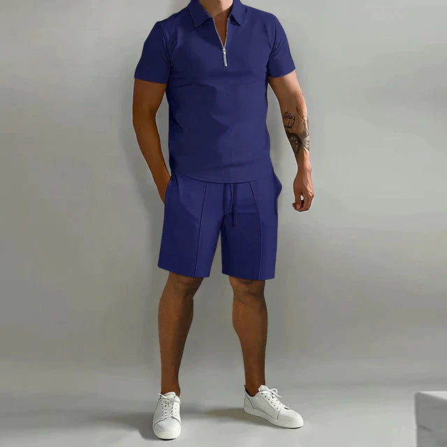 Men's summer polo and shorts set featuring a polished design, displayed on a neutral background. The polo shirt has a classic collar and button placket, 3