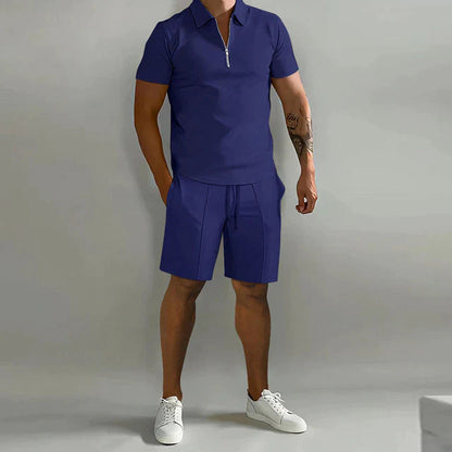 Men's summer polo and shorts set featuring a polished design, displayed on a neutral background. The polo shirt has a classic collar and button placket, 3