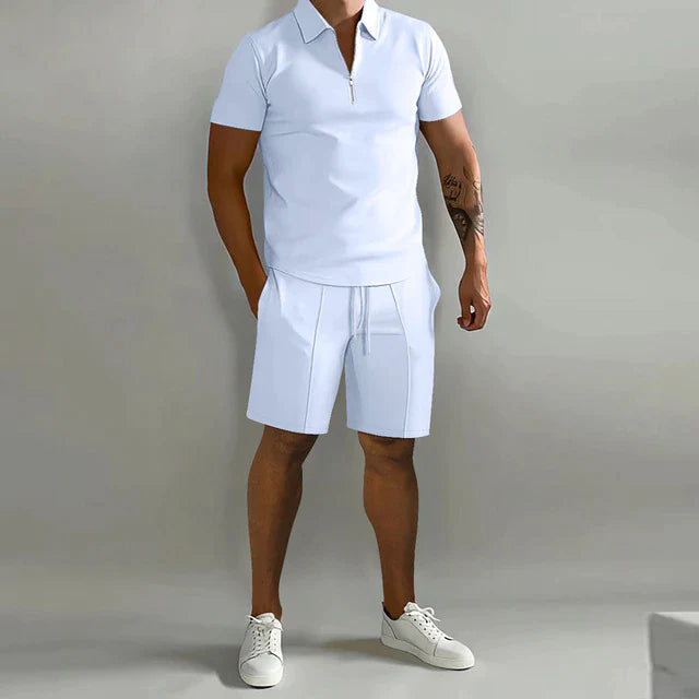 Men's summer polo and shorts set featuring a polished design, displayed on a neutral background. The polo shirt has a classic collar and button placket, 4