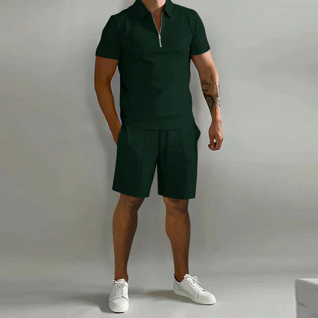 Men's summer polo and shorts set featuring a polished design, displayed on a neutral background. The polo shirt has a classic collar and button placket, 6