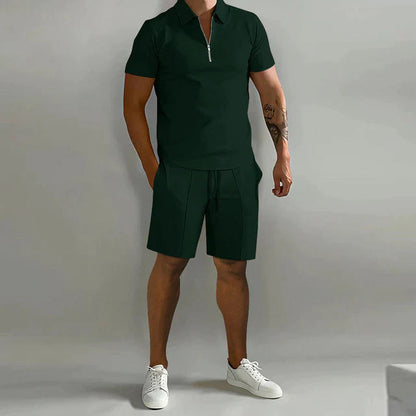 Men's summer polo and shorts set featuring a polished design, displayed on a neutral background. The polo shirt has a classic collar and button placket, 6
