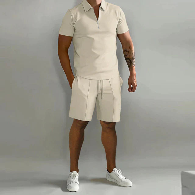Men's summer polo and shorts set featuring a polished design, displayed on a neutral background. The polo shirt has a classic collar and button placket, 7
