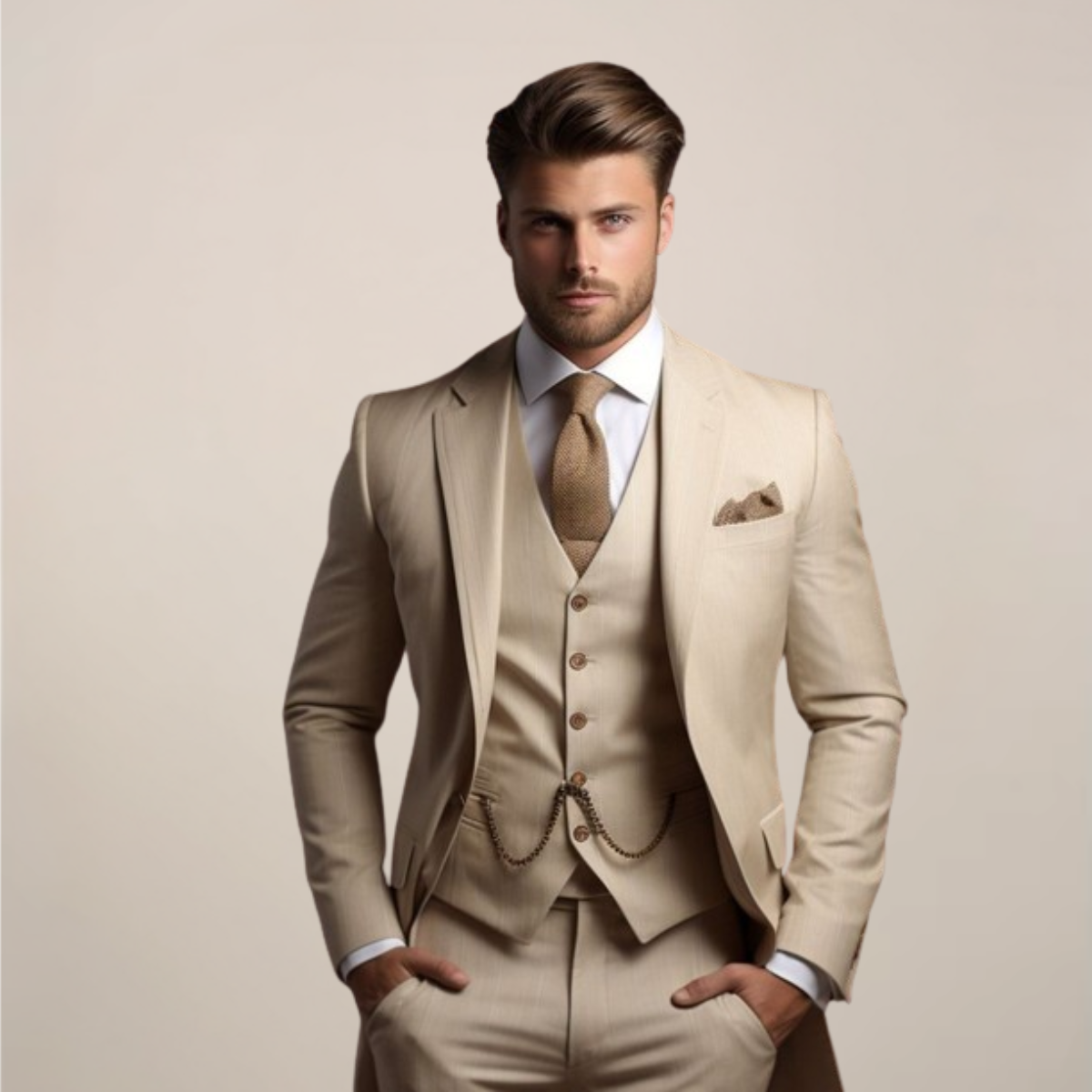 Men's three-piece formal suit displayed on a hanger, featuring a tailored jacket, matching trousers, and a waistcoat, set against a neutral background. 0