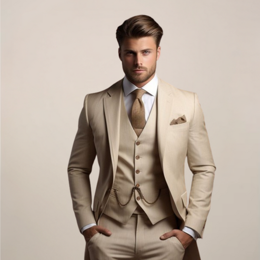 Men's three-piece formal suit displayed on a hanger, featuring a tailored jacket, matching trousers, and a waistcoat, set against a neutral background. 0