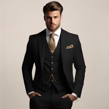 Men's three-piece formal suit displayed on a hanger, featuring a tailored jacket, matching trousers, and a waistcoat, set against a neutral background. 1
