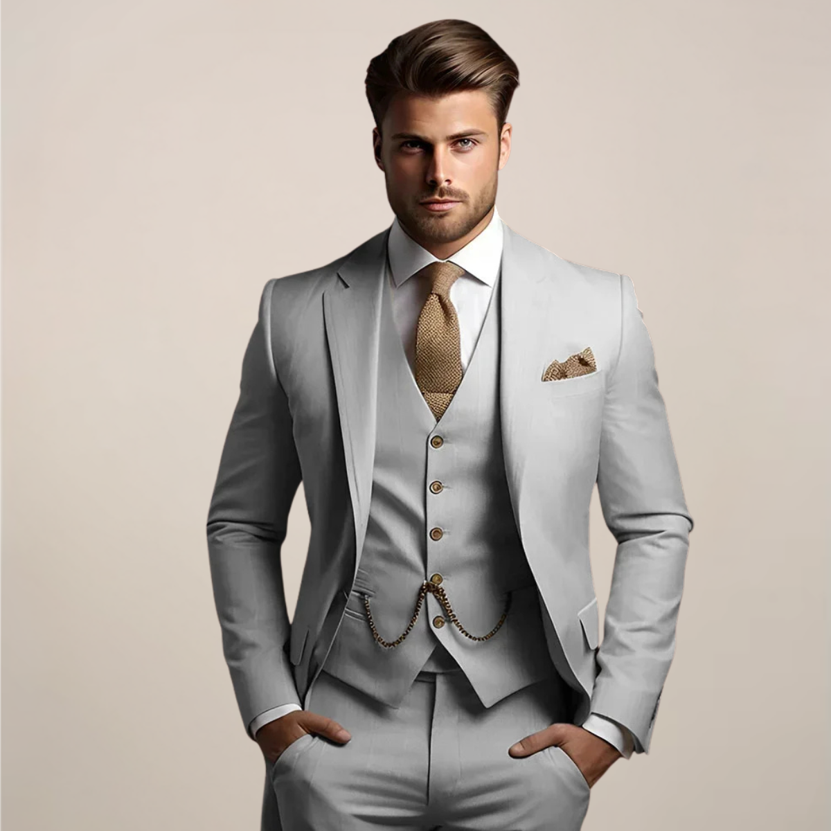 Men's three-piece formal suit displayed on a hanger, featuring a tailored jacket, matching trousers, and a waistcoat, set against a neutral background. 2