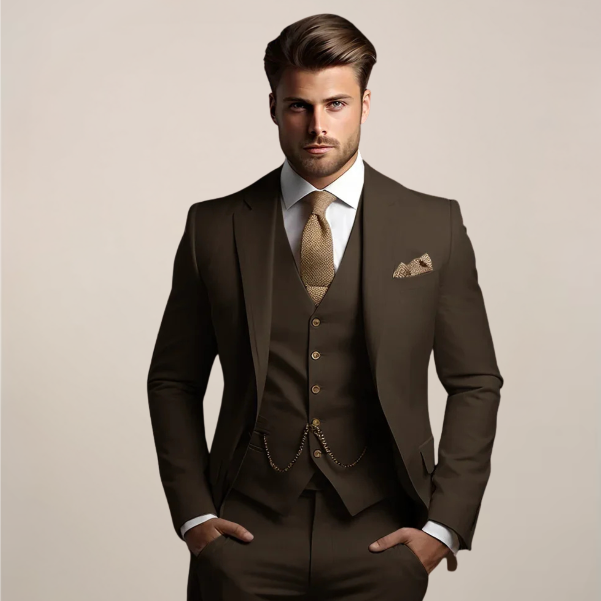 Men's three-piece formal suit displayed on a hanger, featuring a tailored jacket, matching trousers, and a waistcoat, set against a neutral background. 3