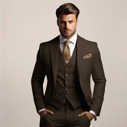 Men's three-piece formal suit displayed on a hanger, featuring a tailored jacket, matching trousers, and a waistcoat, set against a neutral background. 3