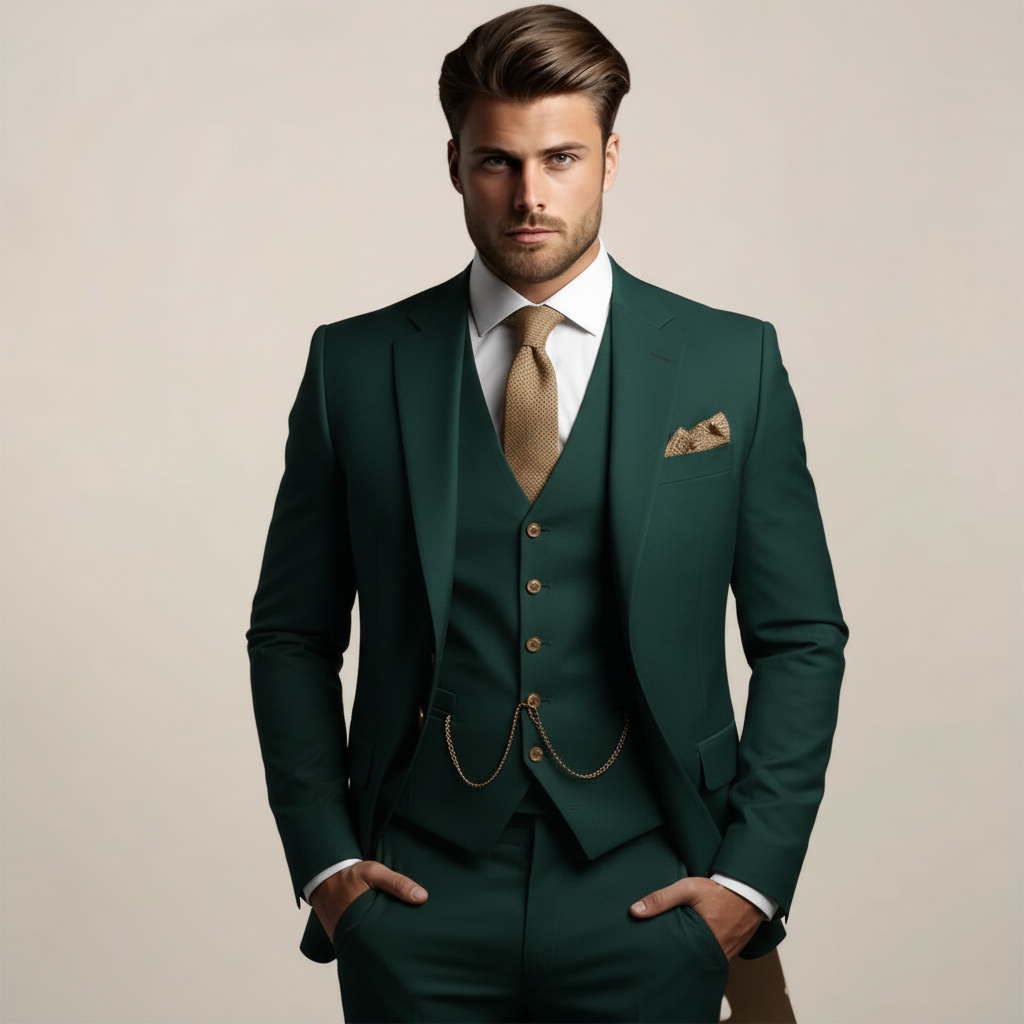 Men's three-piece formal suit displayed on a hanger, featuring a tailored jacket, matching trousers, and a waistcoat, set against a neutral background. 4