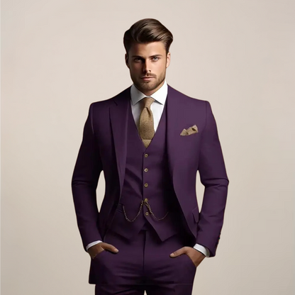 Men's three-piece formal suit displayed on a hanger, featuring a tailored jacket, matching trousers, and a waistcoat, set against a neutral background. 5
