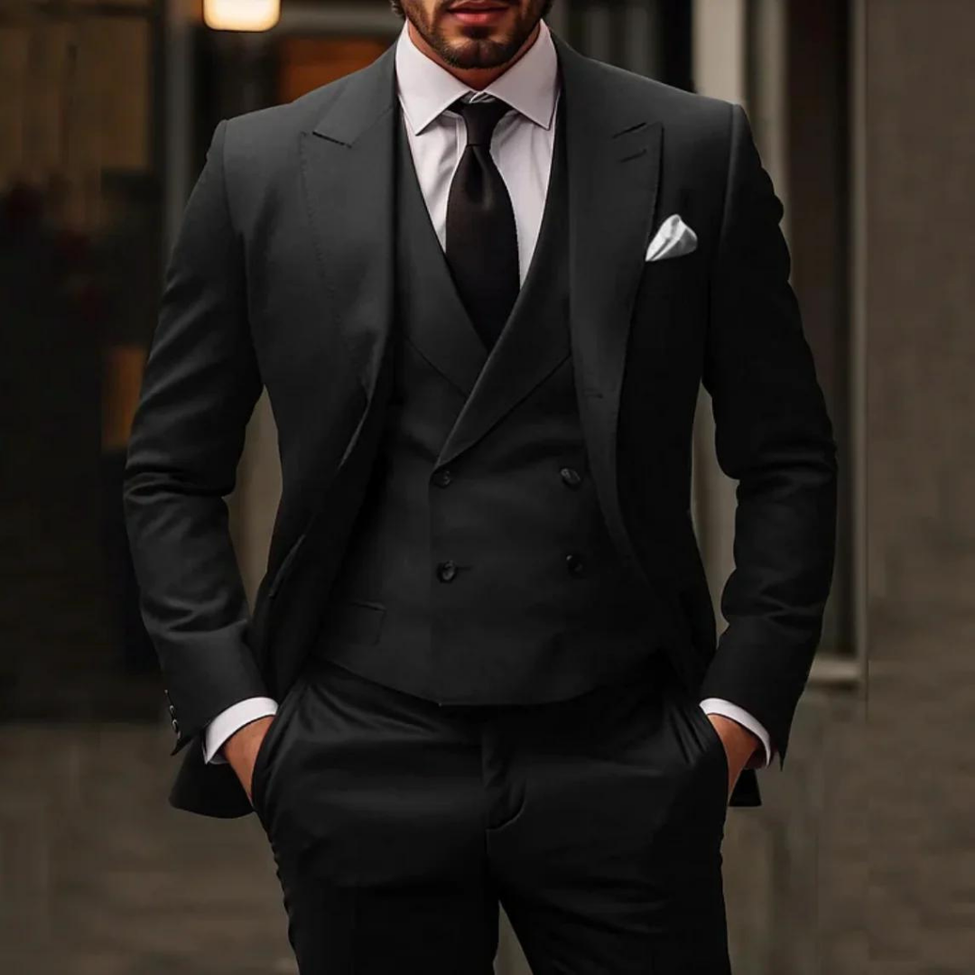 Męski trzyczęściowy garnitur slim fit z dwurzędową kamizelką w klasycznym czarnym kolorze, 0