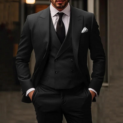 Męski trzyczęściowy garnitur slim fit z dwurzędową kamizelką w klasycznym czarnym kolorze, 0