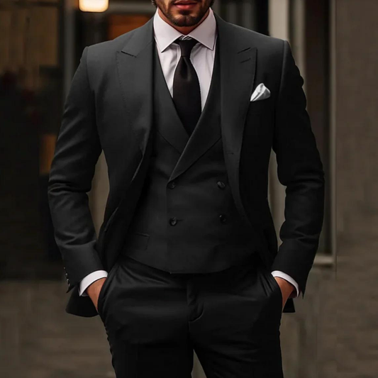 Męski trzyczęściowy garnitur slim fit z dwurzędową kamizelką w klasycznym czarnym kolorze, 0