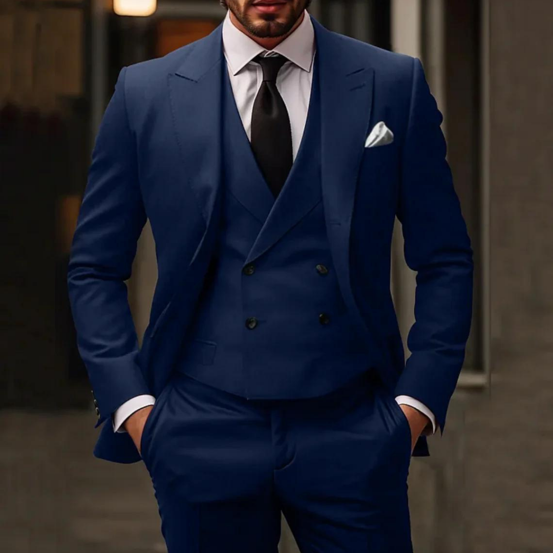Męski trzyczęściowy garnitur slim fit z dwurzędową kamizelką w klasycznym czarnym kolorze, 1