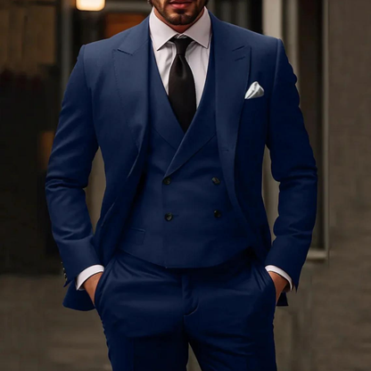 Męski trzyczęściowy garnitur slim fit z dwurzędową kamizelką w klasycznym czarnym kolorze, 1