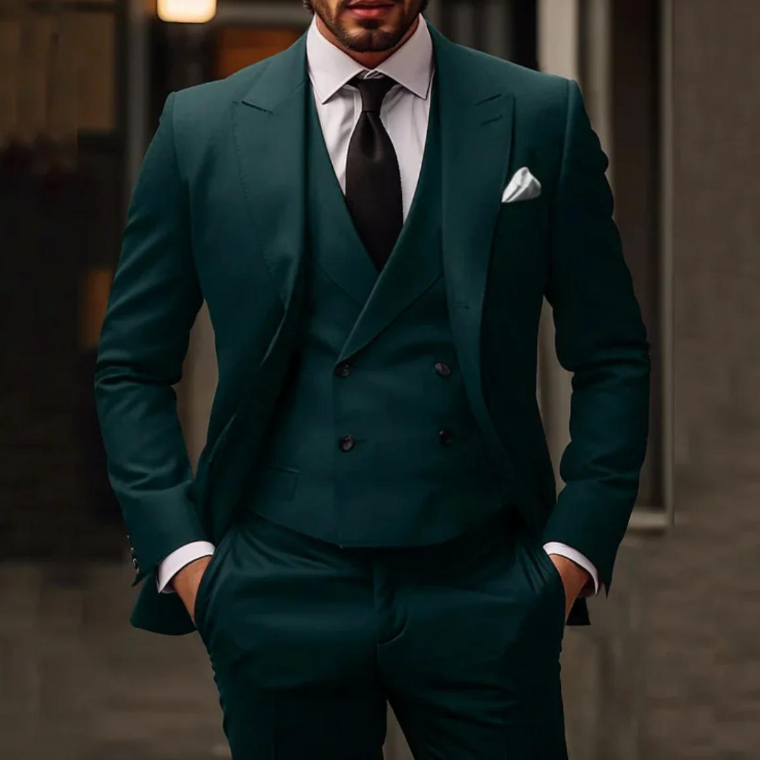 Męski trzyczęściowy garnitur slim fit z dwurzędową kamizelką w klasycznym czarnym kolorze, 2