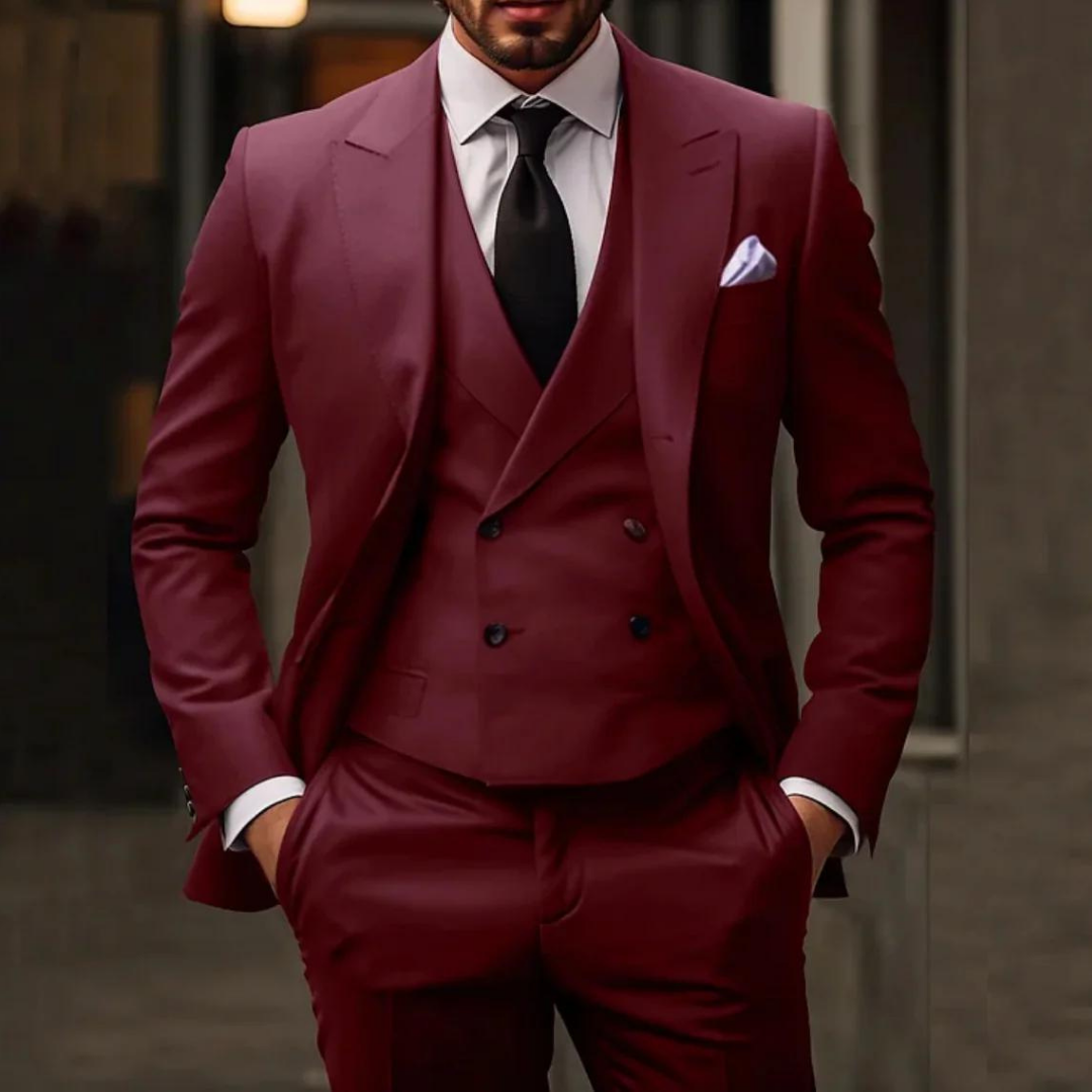 Męski trzyczęściowy garnitur slim fit z dwurzędową kamizelką w klasycznym czarnym kolorze, 3